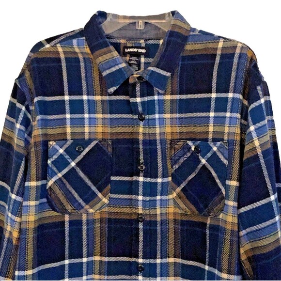 Lands End Rugged Work Shirt Mens Sz 2XL Tradtional Fit Hefty Blue Plaid Pockets - Picture 2 of 15